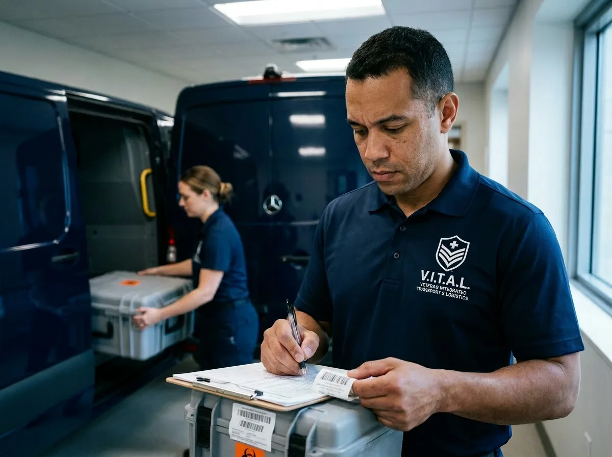 V.I.T.A.L. medical courier verifying a sealed specimen transport case against a chain-of-custody manifest at a hospital loading bay